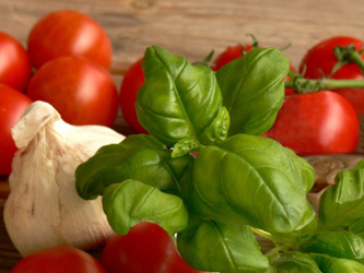 Bildmotiv mit Tomaten, Basilikum, Knoblauch